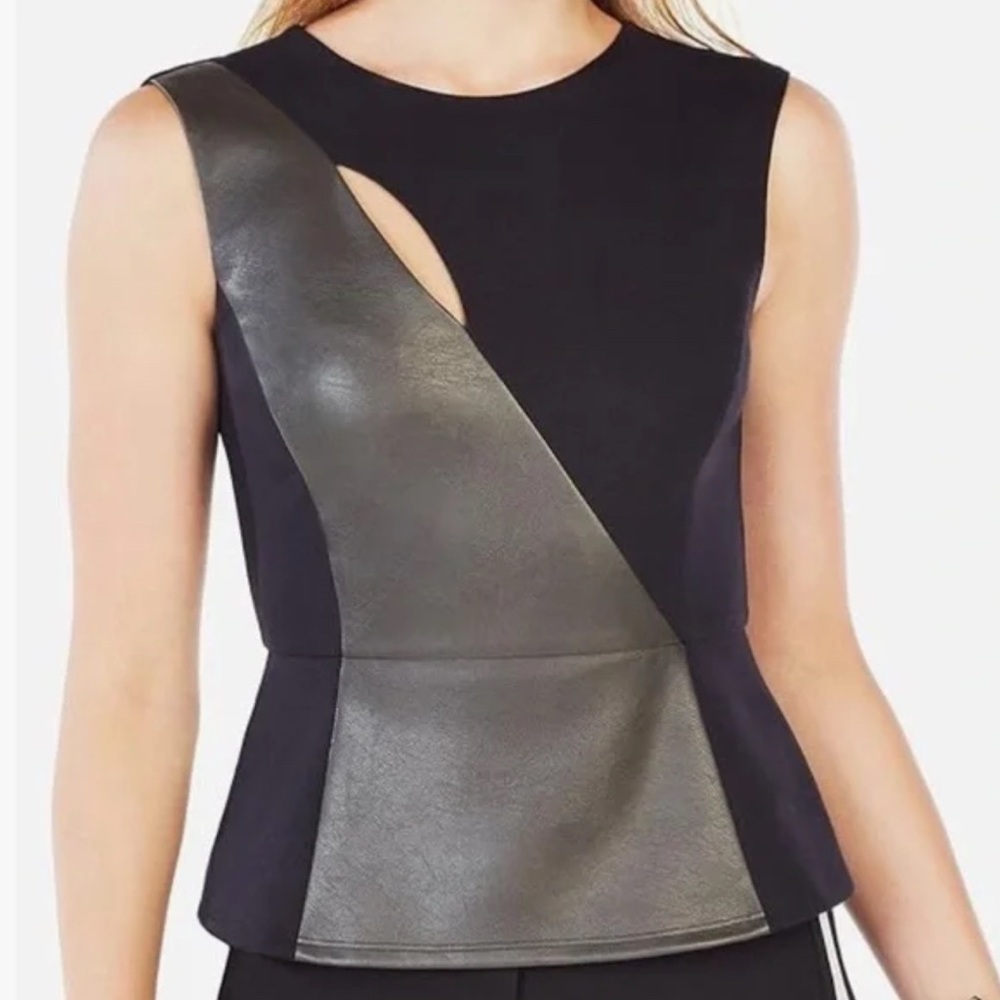 BCBGMAXAZRIA Black Olive Brita Faux Leather Top Cut-Out Size Small